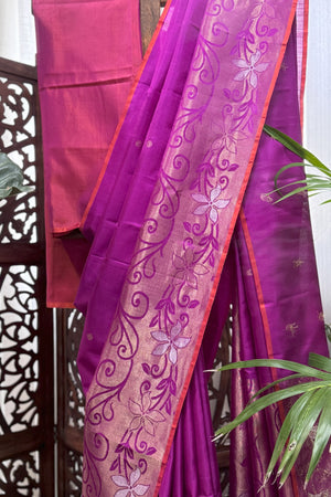 Deep Magenta color soft silk saree with beautiful burnt orange selvedge