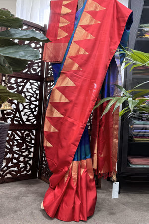Royal Blue and Peacock Blue check body wide Red temple border Soft Silk Saree