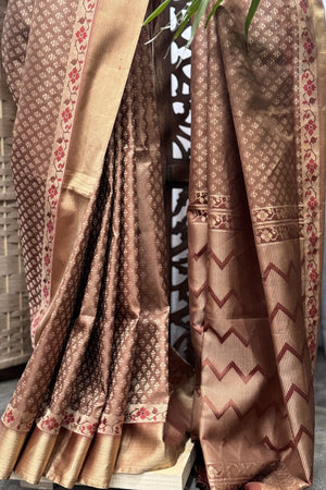 Light brown Soft Silk allover Buti, Cuddy and Floral border with Leheriya Pallu