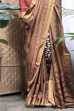 Light brown Soft Silk allover Buti, Cuddy and Floral border with Leheriya Pallu