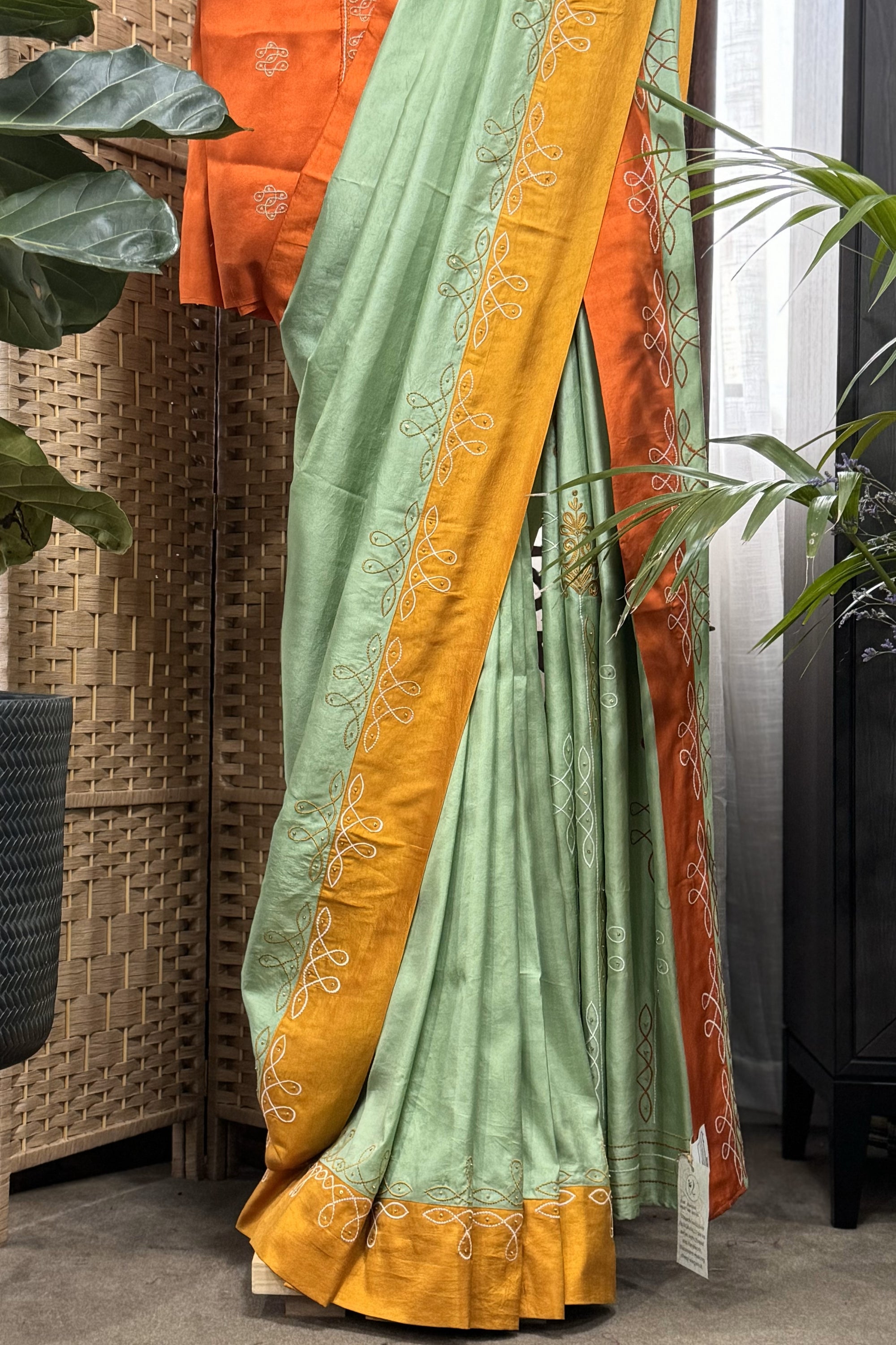 Sage Green RANGAVALLI series saree with embroidery