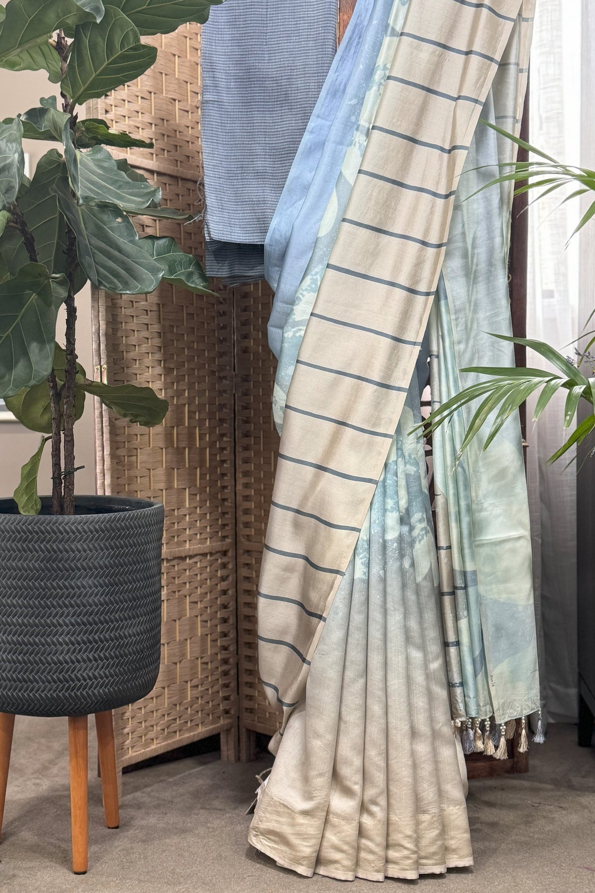 Light Blue and Beige Chanderi Digital Saree with Chanderi Blouse