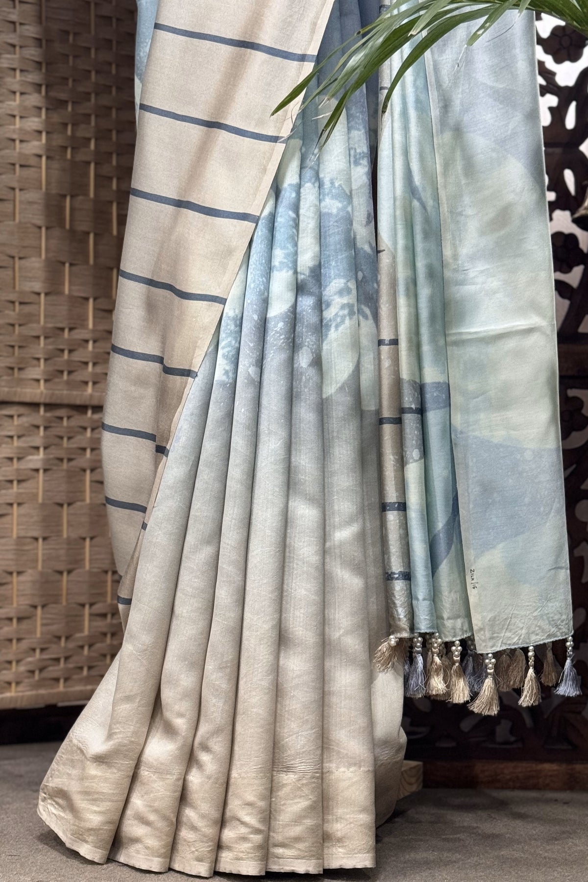 Light Blue and Beige Chanderi Digital Saree with Chanderi Blouse