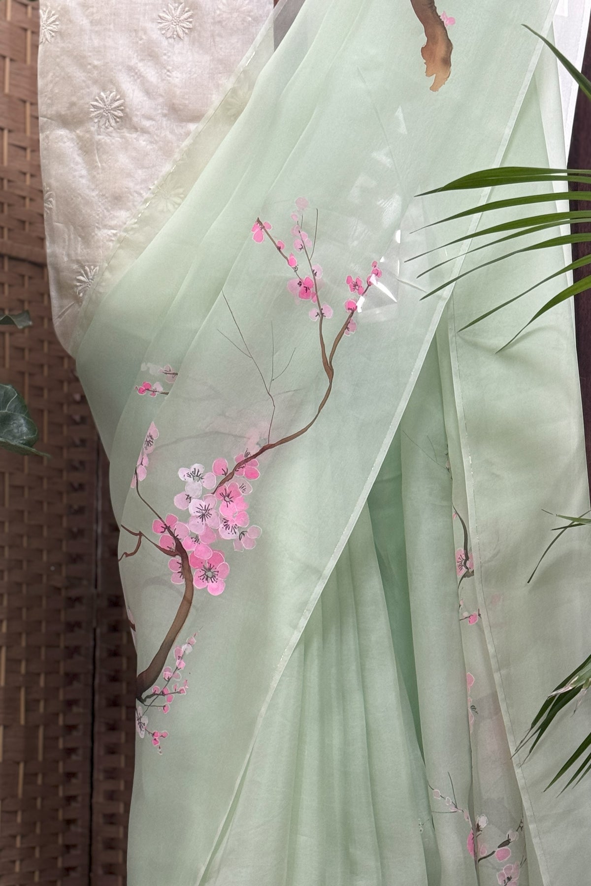 Fluro Green Organza Saree with Hand Painted Cherry Blossoms