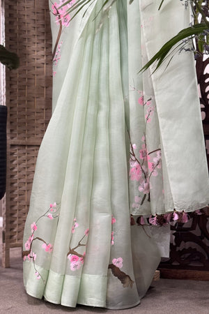 Fluro Green Organza Saree with Hand Painted Cherry Blossoms