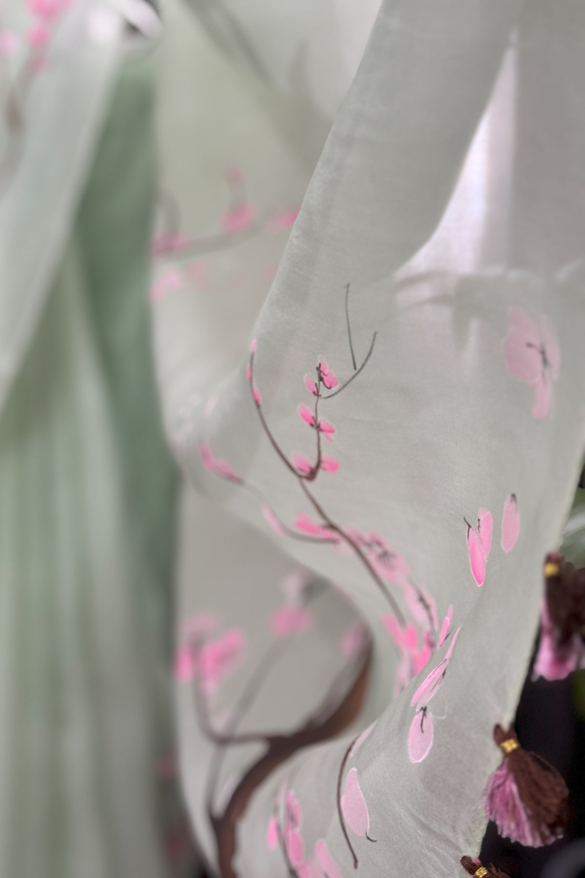 Fluro Green Organza Saree with Hand Painted Cherry Blossoms