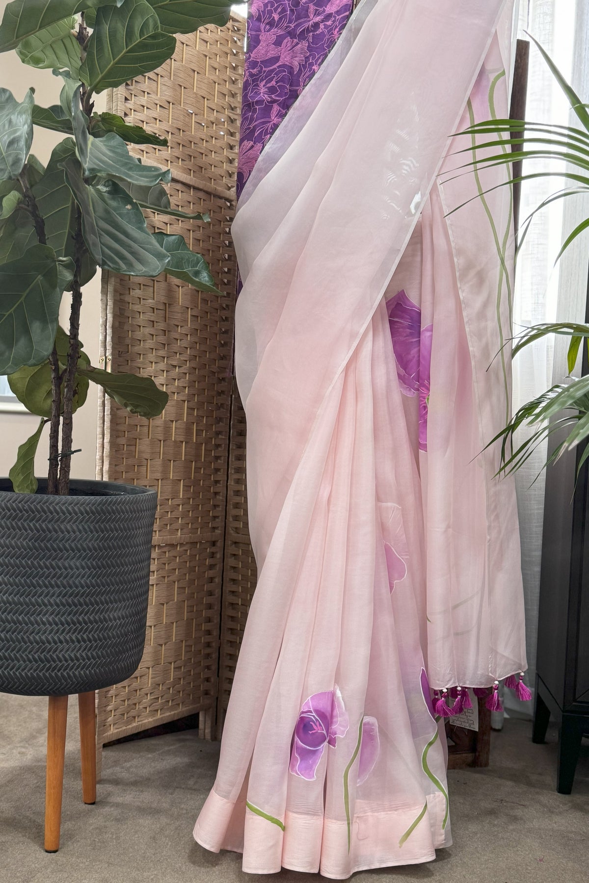 Baby Pink Organza, Purple Poppy Flowers hand Painted saree with Silk Blouse