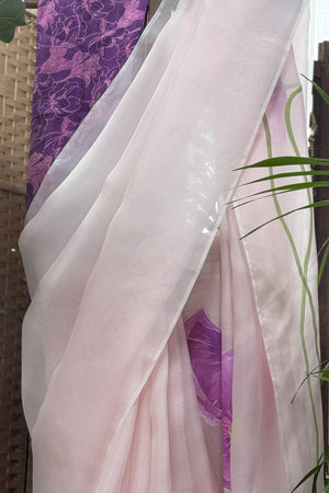 Baby Pink Organza, Purple Poppy Flowers hand Painted saree with Silk Blouse