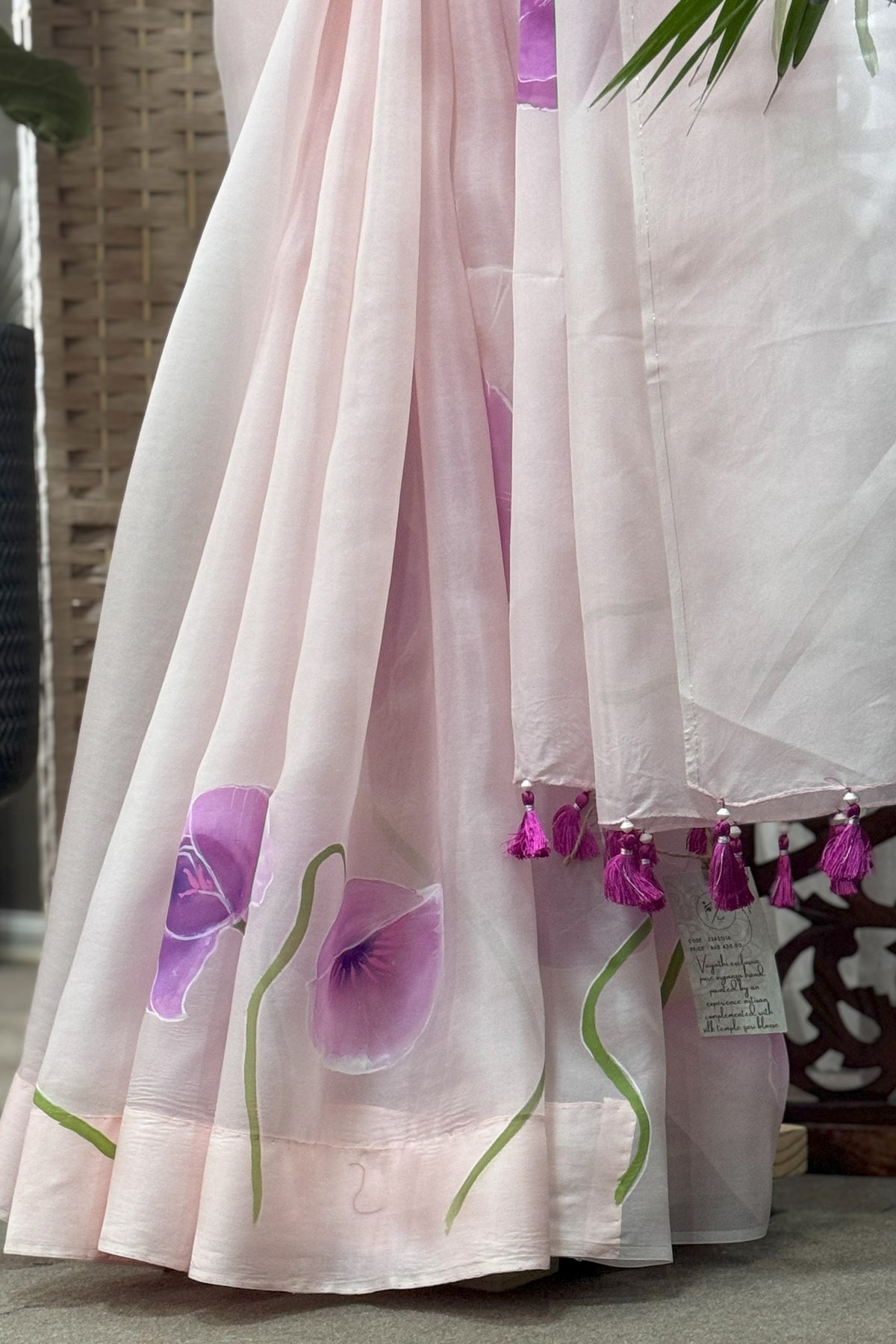 Baby Pink Organza, Purple Poppy Flowers hand Painted saree with Silk Blouse