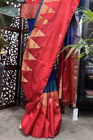 Royal Blue and Peacock Blue check body wide Red temple border Soft Silk Saree