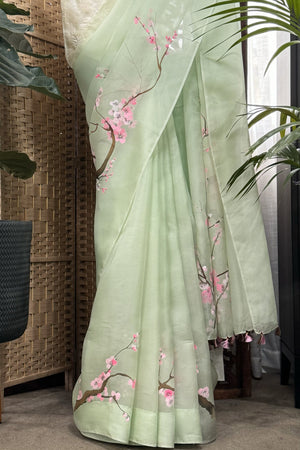 Fluro Green Organza Saree with Hand Painted Cherry Blossoms