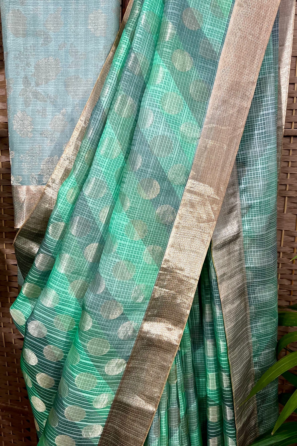 Pastel green and grey Kota silk by Cora saree