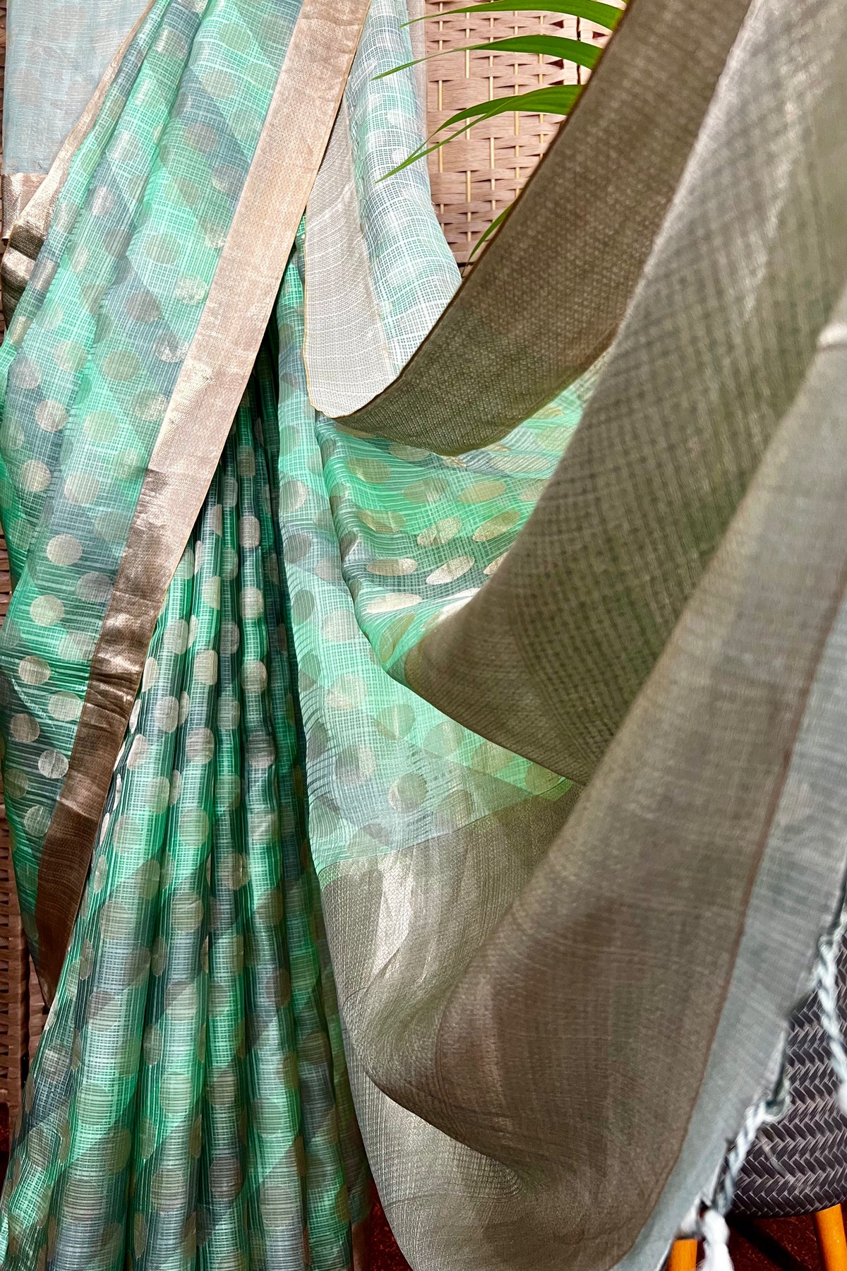 Pastel green and grey Kota silk by Cora saree