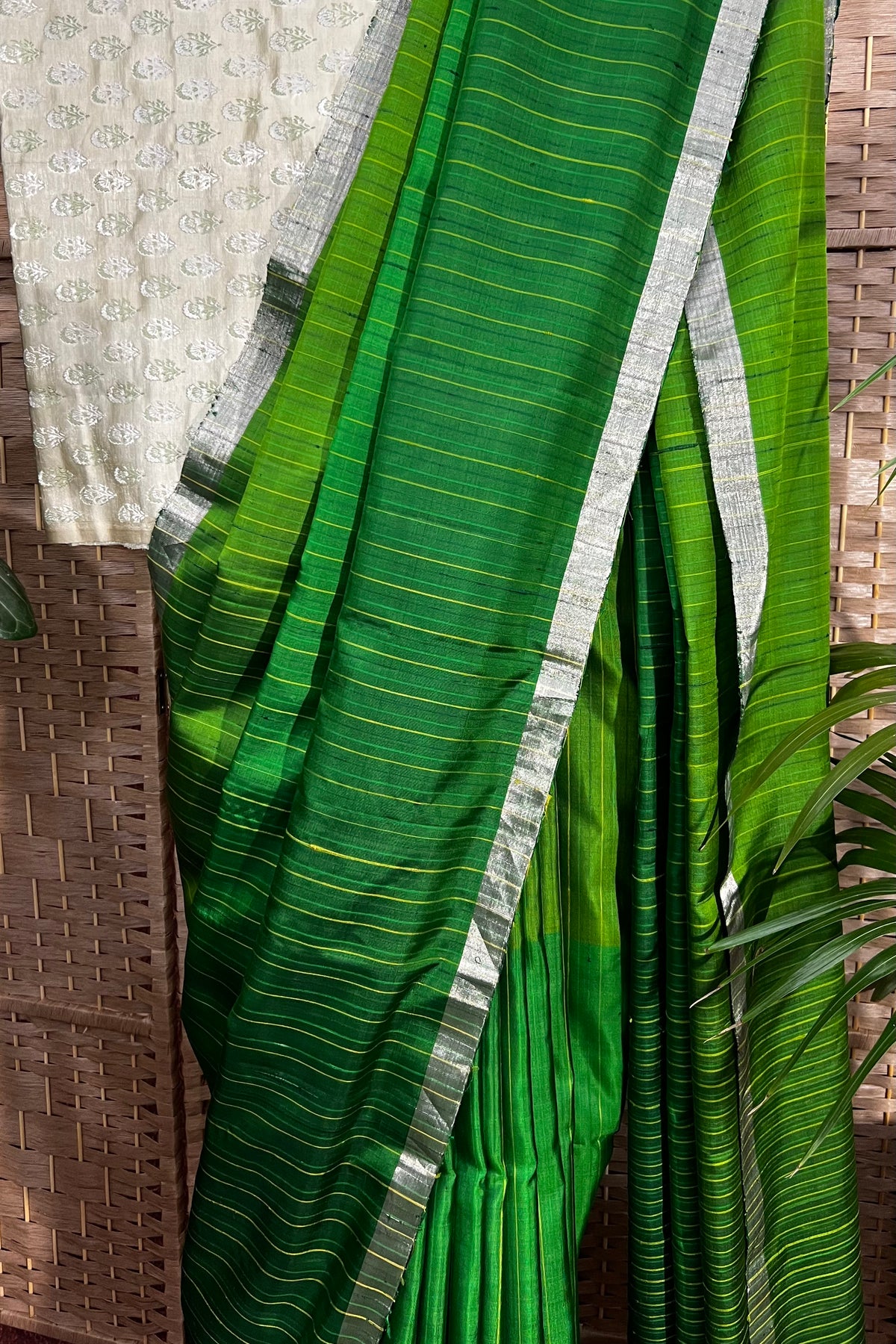 Handwoven Parrot Green light soft silk saree with dupion lines