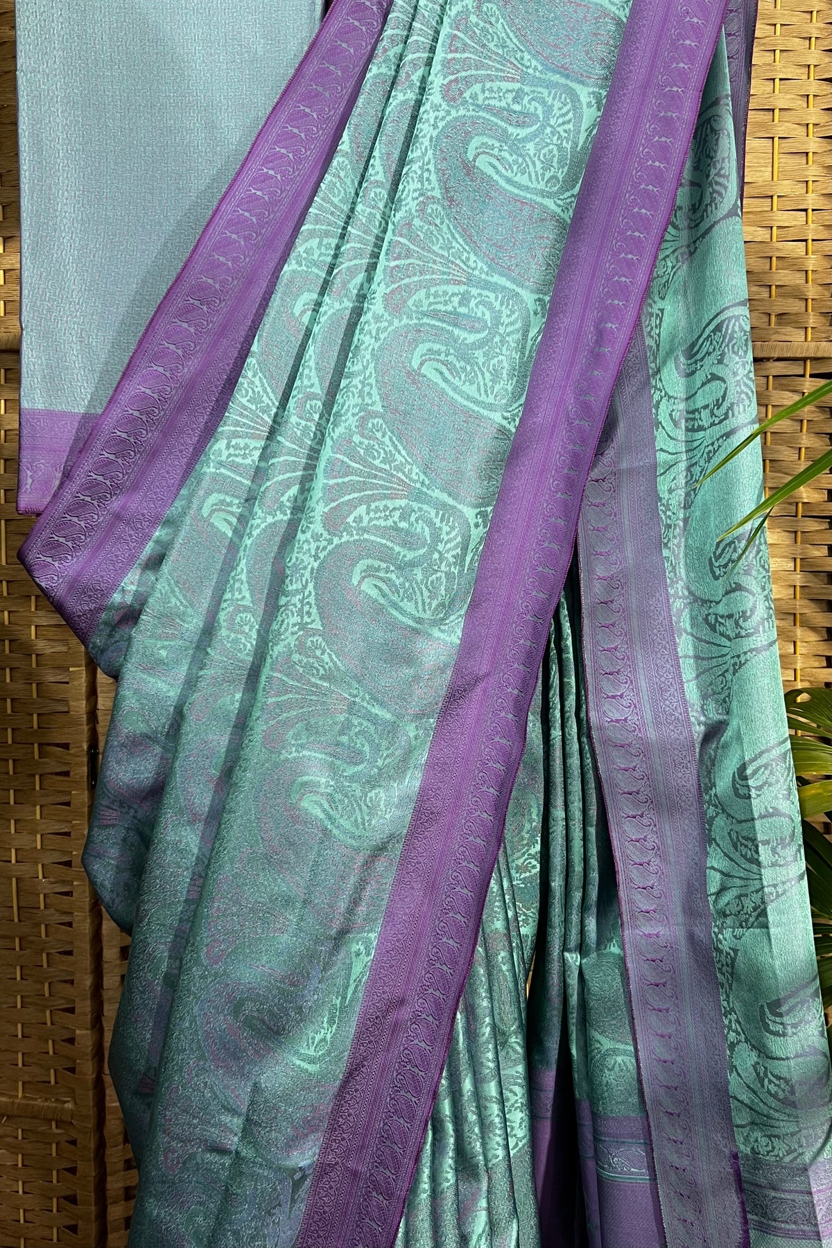 Aqua blue and lavender satin silk saree with Kashmiri design