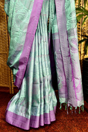 Aqua blue and lavender satin silk saree with Kashmiri design