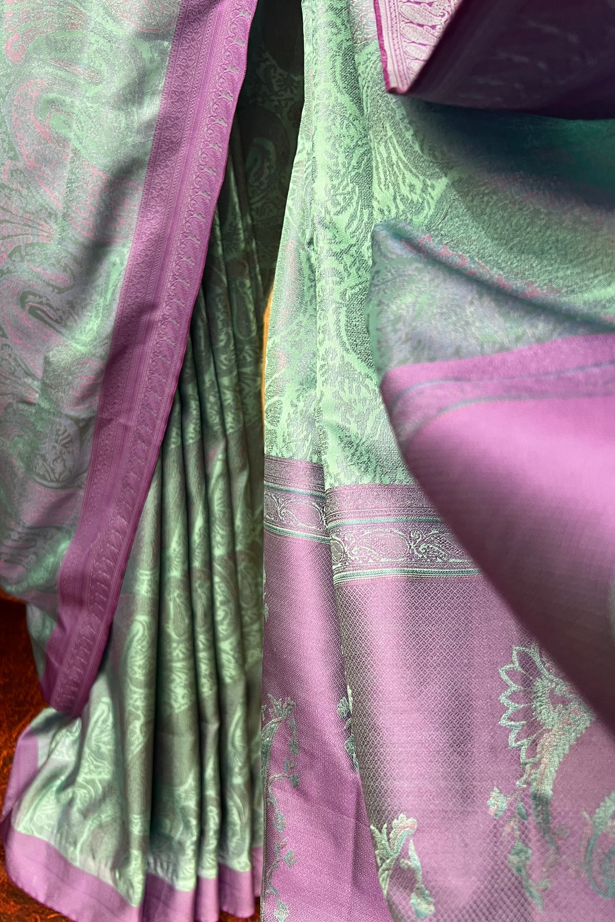 Aqua blue and lavender satin silk saree with Kashmiri design