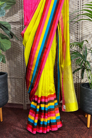 Handwoven Mustard yellow Donal Chanderi silk saree with multi color contemporary border