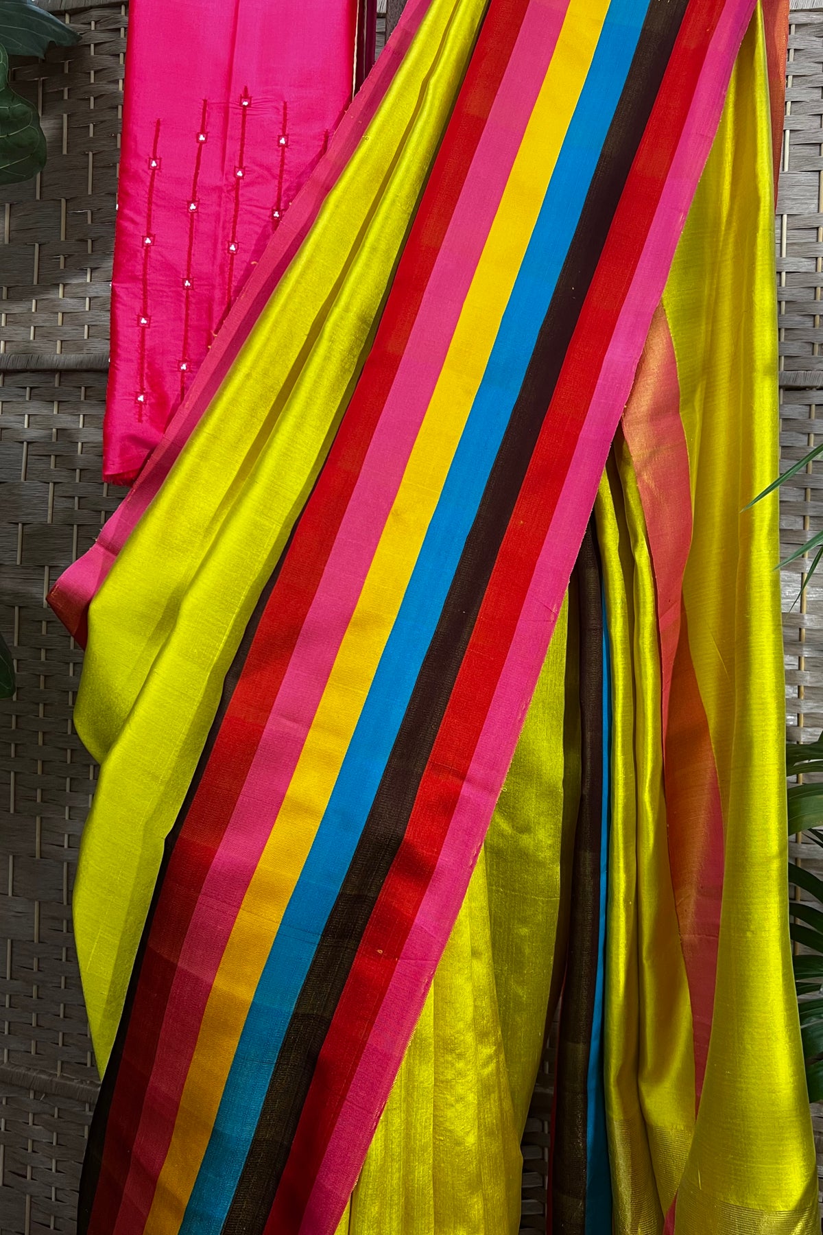 Handwoven Mustard yellow Donal Chanderi silk saree with multi color contemporary border