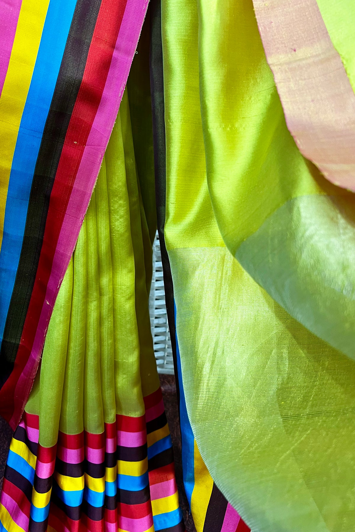 Handwoven Mustard yellow Donal Chanderi silk saree with multi color contemporary border