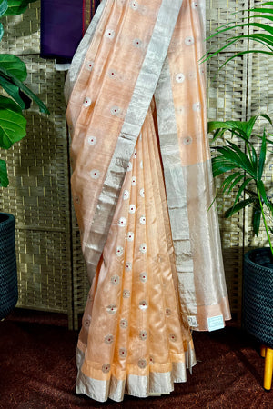 Handwoven Peach color pure Chanderi silk with  closely  woven meenakari butis all over saree