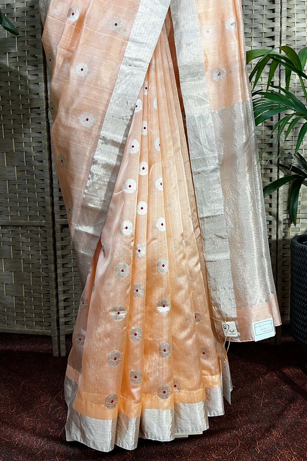 Handwoven Peach color pure Chanderi silk with  closely  woven meenakari butis all over saree