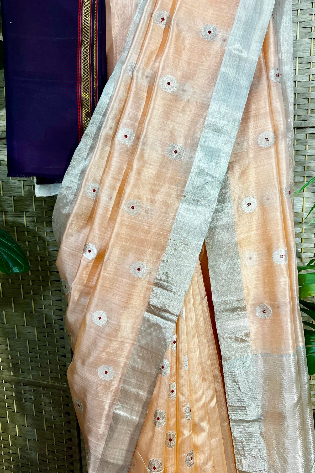 Handwoven Peach color pure Chanderi silk with  closely  woven meenakari butis all over saree