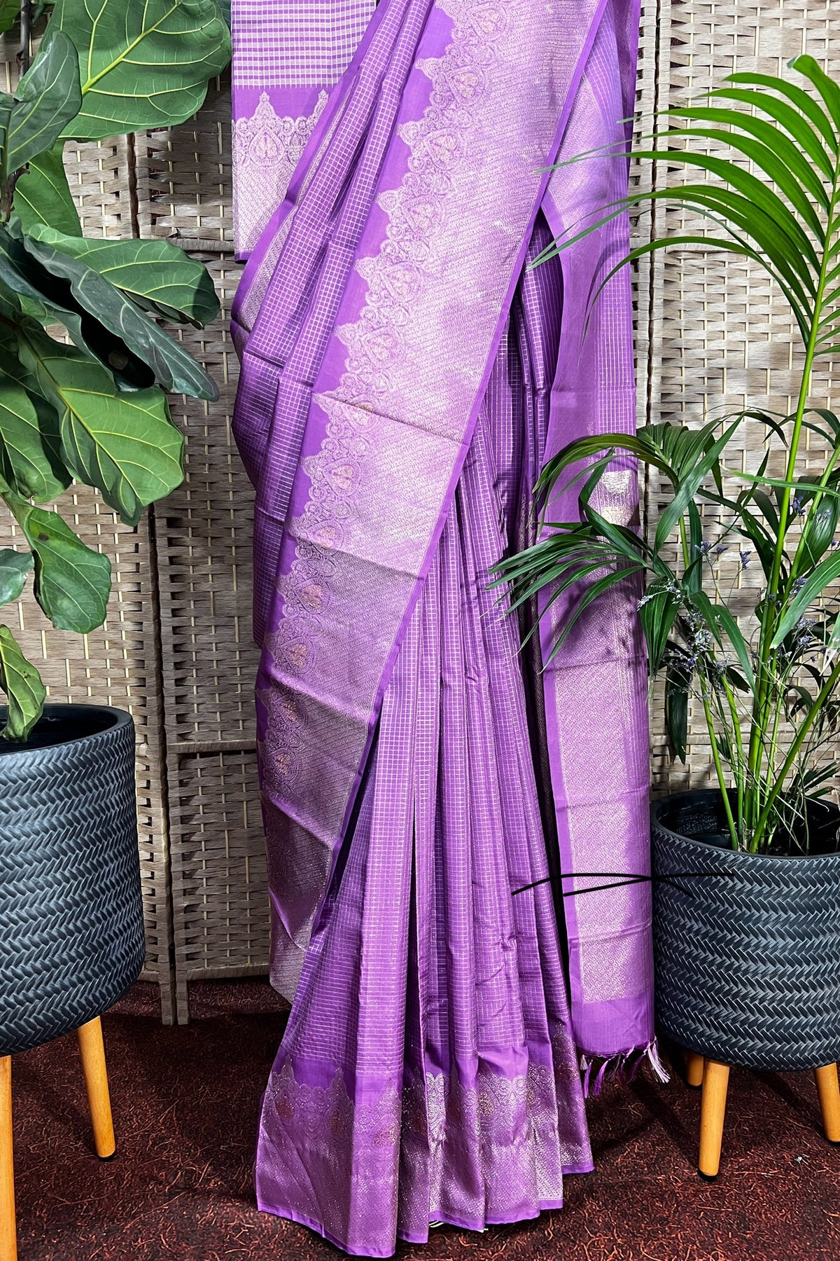 Antique purple handwoven Kanchipuram saree with closely woven zari check all over body