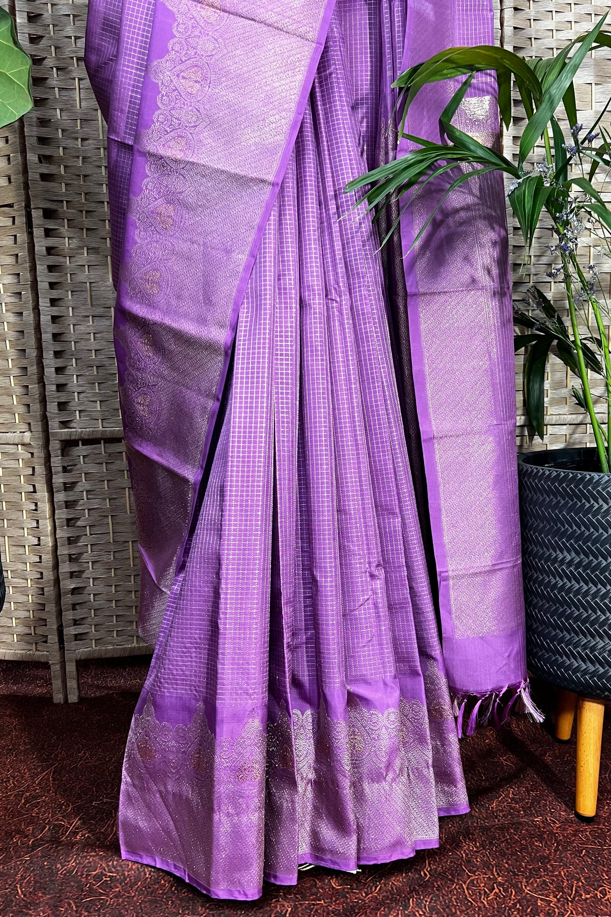 Antique purple handwoven Kanchipuram saree with closely woven zari check all over body