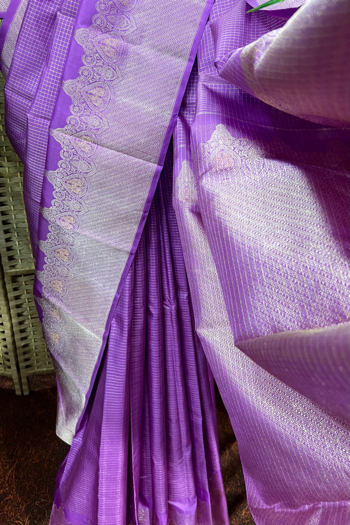 Antique purple handwoven Kanchipuram saree with closely woven zari check all over body