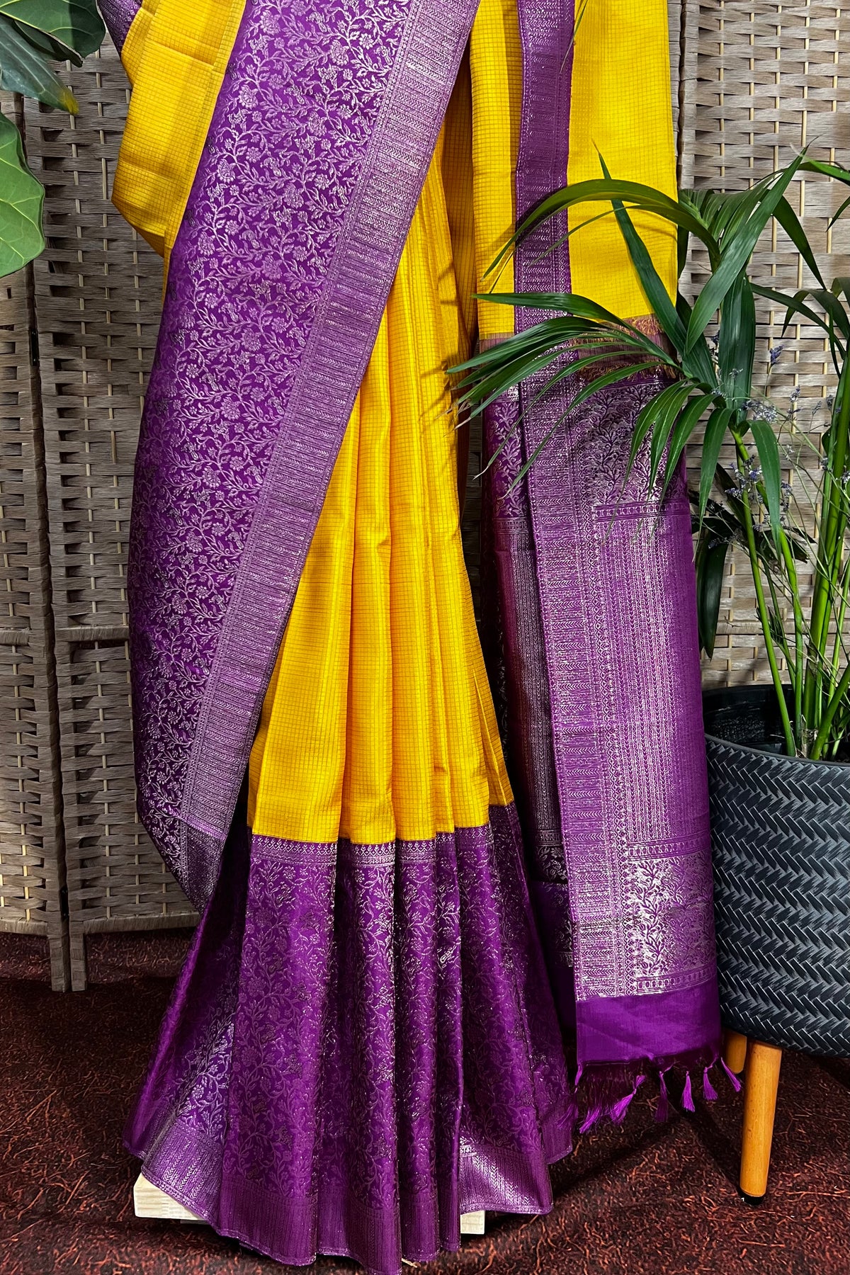 Mustard color handwoven Kanchipuram bridal wear saree