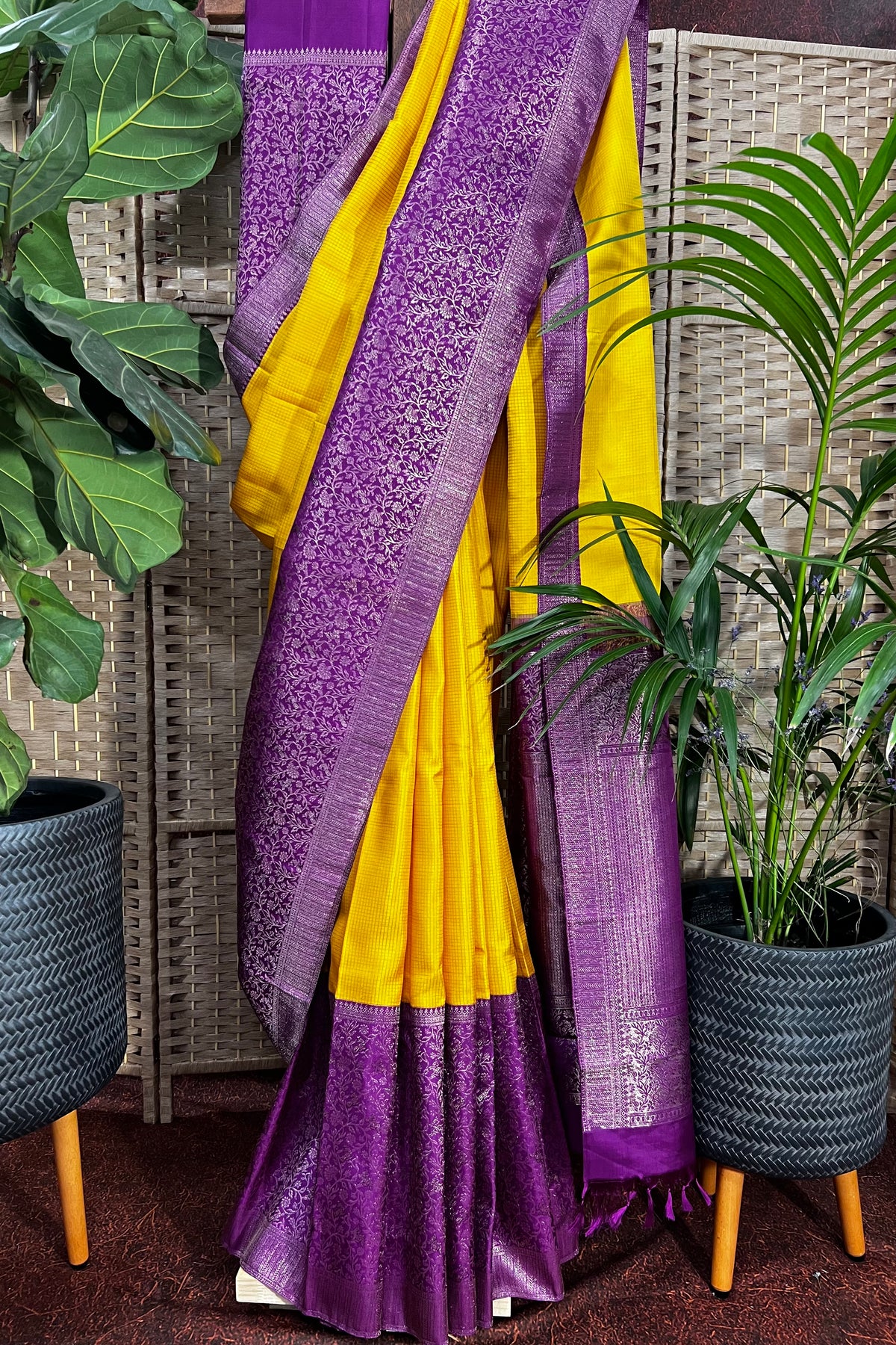 Mustard color handwoven Kanchipuram bridal wear saree
