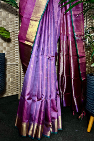 Lilac Vairaoosi (Diamond Needle) handwoven pure Kanchipuram Silk saree with intricate pallu