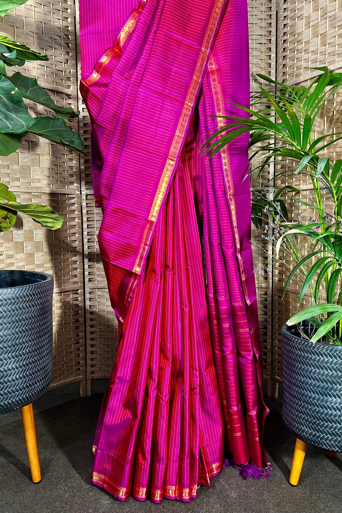 Magenta with a dash or purple handwoven Kanchipuram Silk saree
