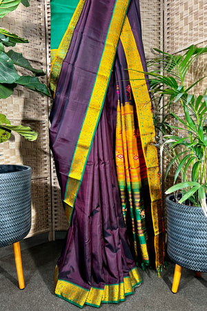 Deep Red-Wine handwoven Kanchipuram Silk saree with unique Assami design