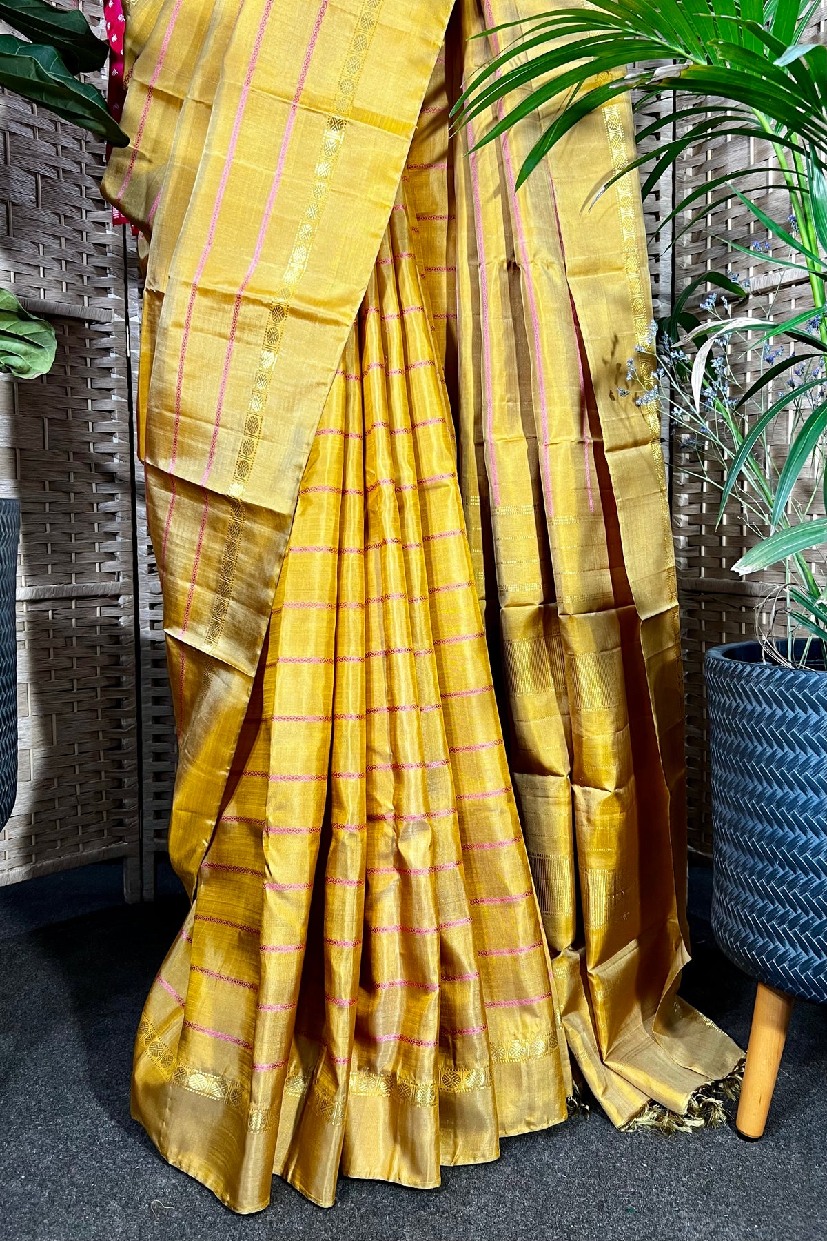 Mustard handwoven Kanchipuram Veldhari Silk saree