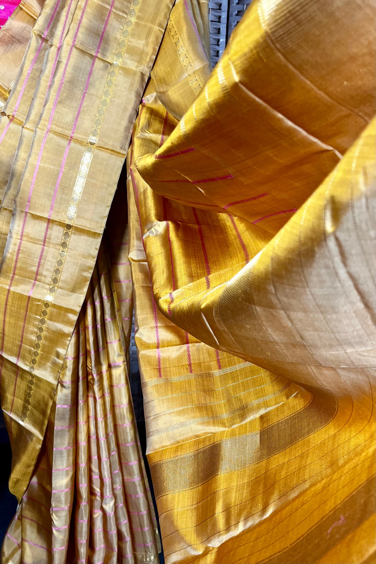 Mustard handwoven Kanchipuram Veldhari Silk saree