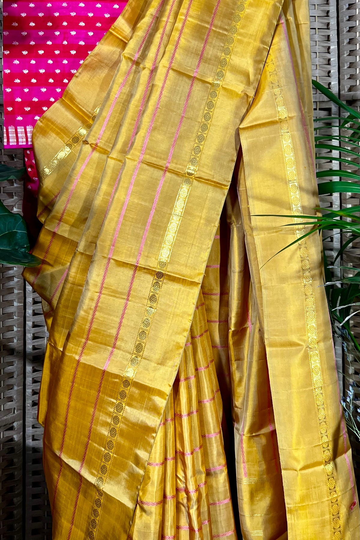 Mustard handwoven Kanchipuram Veldhari Silk saree