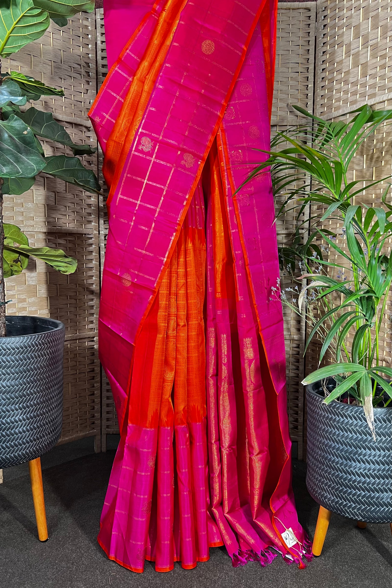 Handwoven pure Kanchipuram silk with Mayil and rudraksha motives on border
