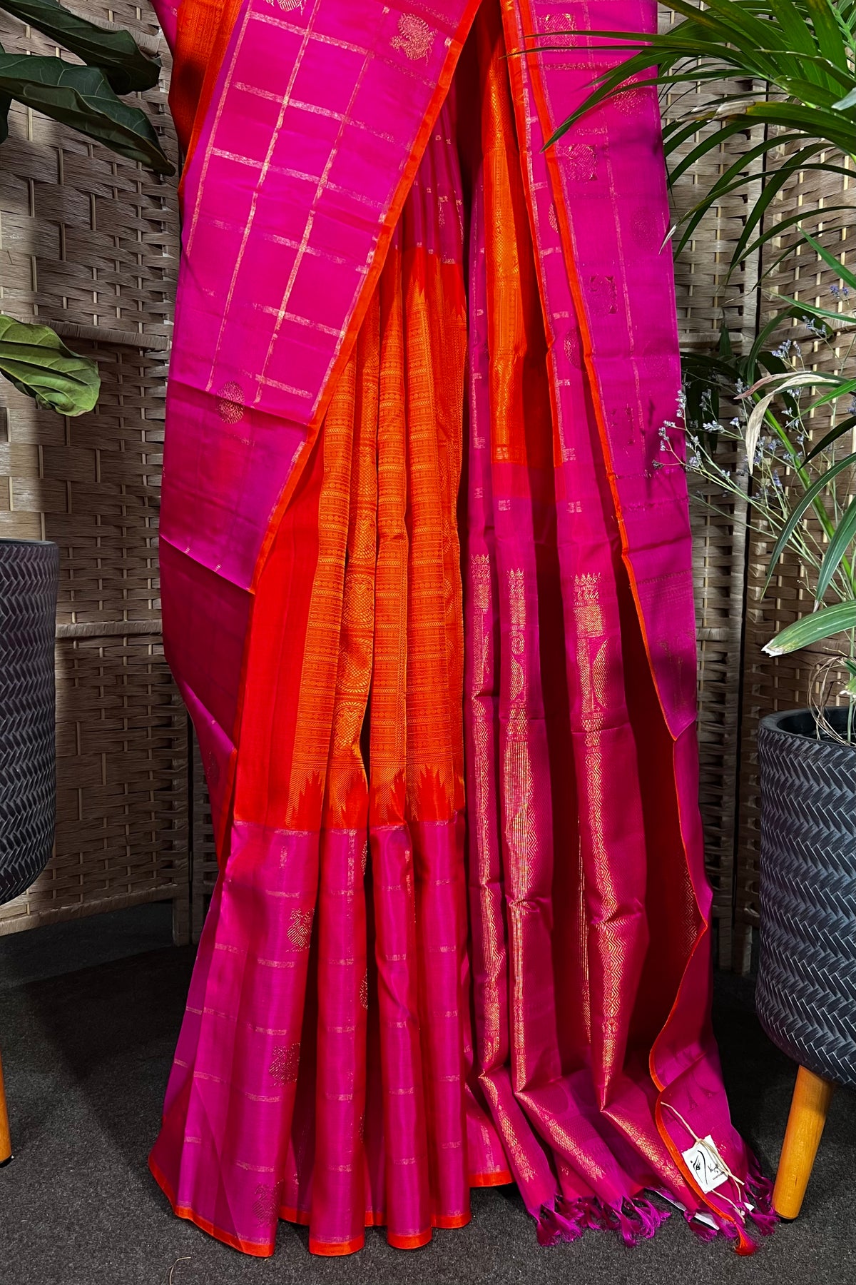 Handwoven pure Kanchipuram silk with Mayil and rudraksha motives on border