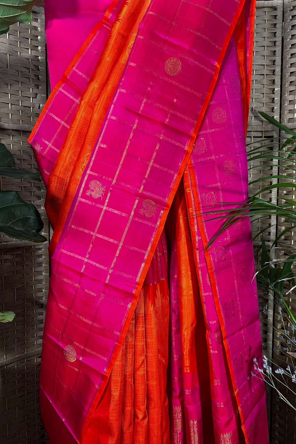Handwoven pure Kanchipuram silk with Mayil and rudraksha motives on border