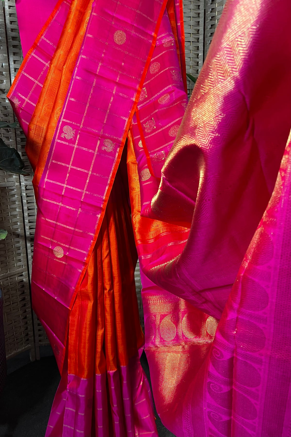 Handwoven pure Kanchipuram silk with Mayil and rudraksha motives on border