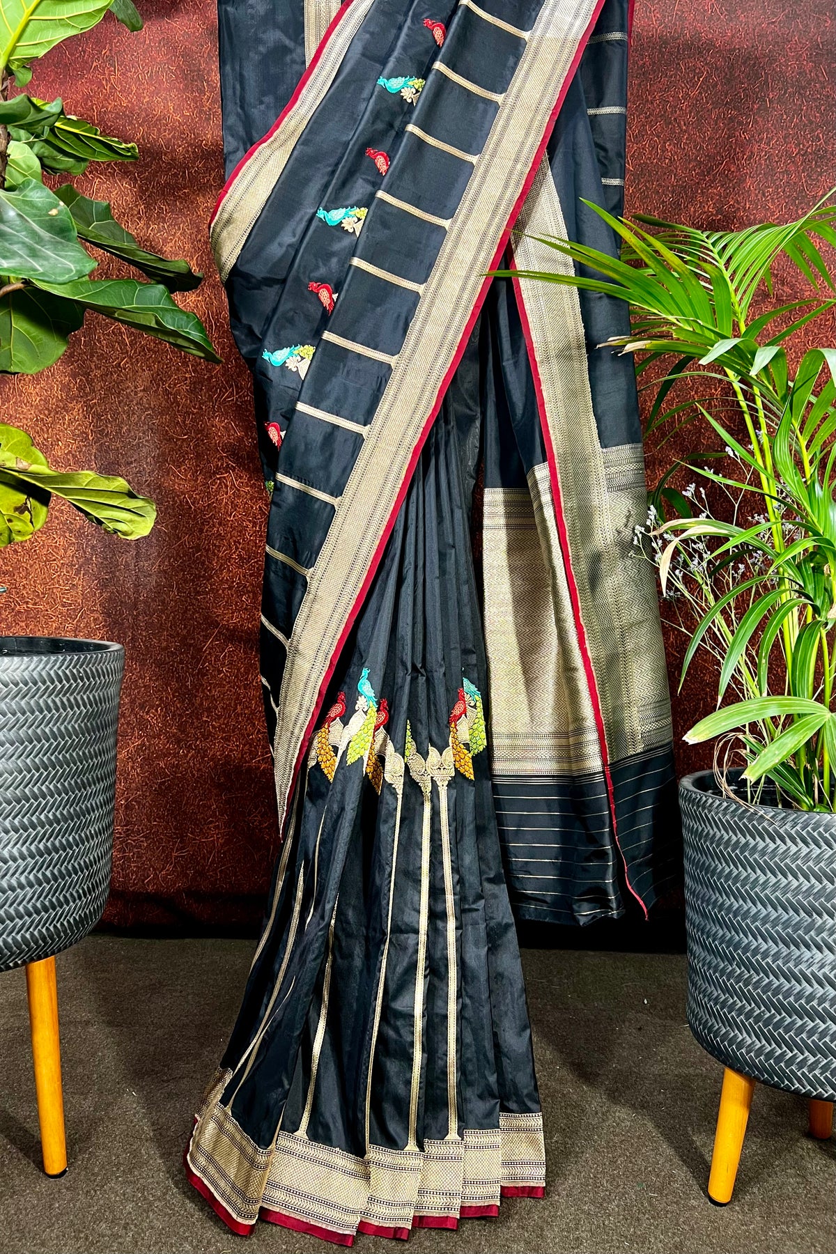 Black Banaras Saree with Meherab and Peacocks Border
