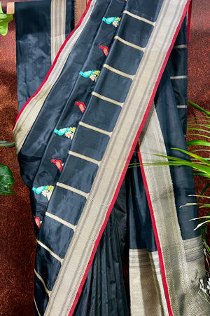 Black Banaras Saree with Meherab and Peacocks Border