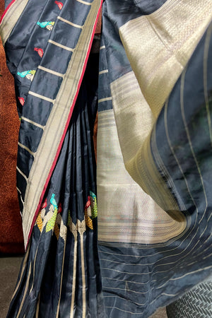 Black Banaras Saree with Meherab and Peacocks Border