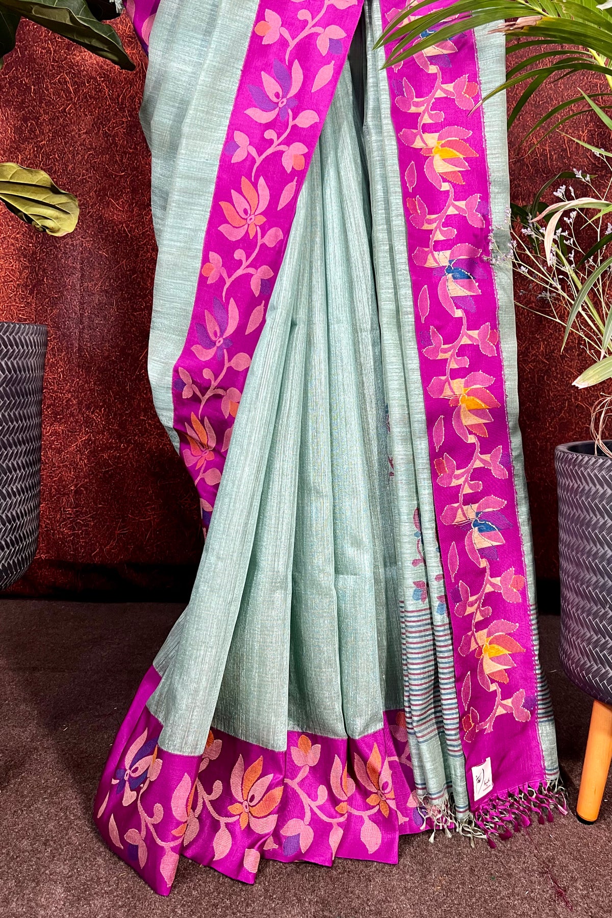 Pista Green Jute Silk Saree with Jamdani Silk Border