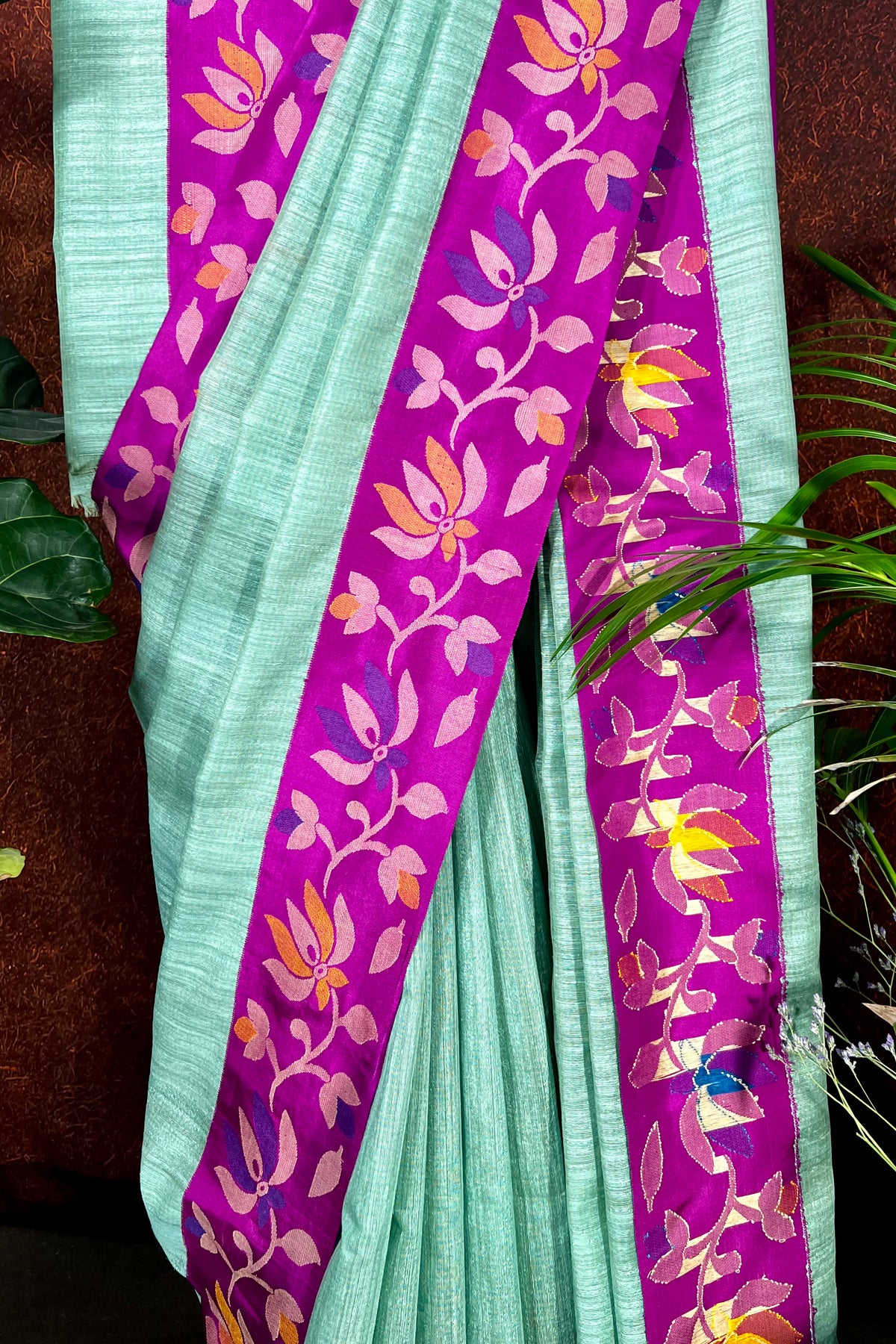 Pista Green Jute Silk Saree with Jamdani Silk Border