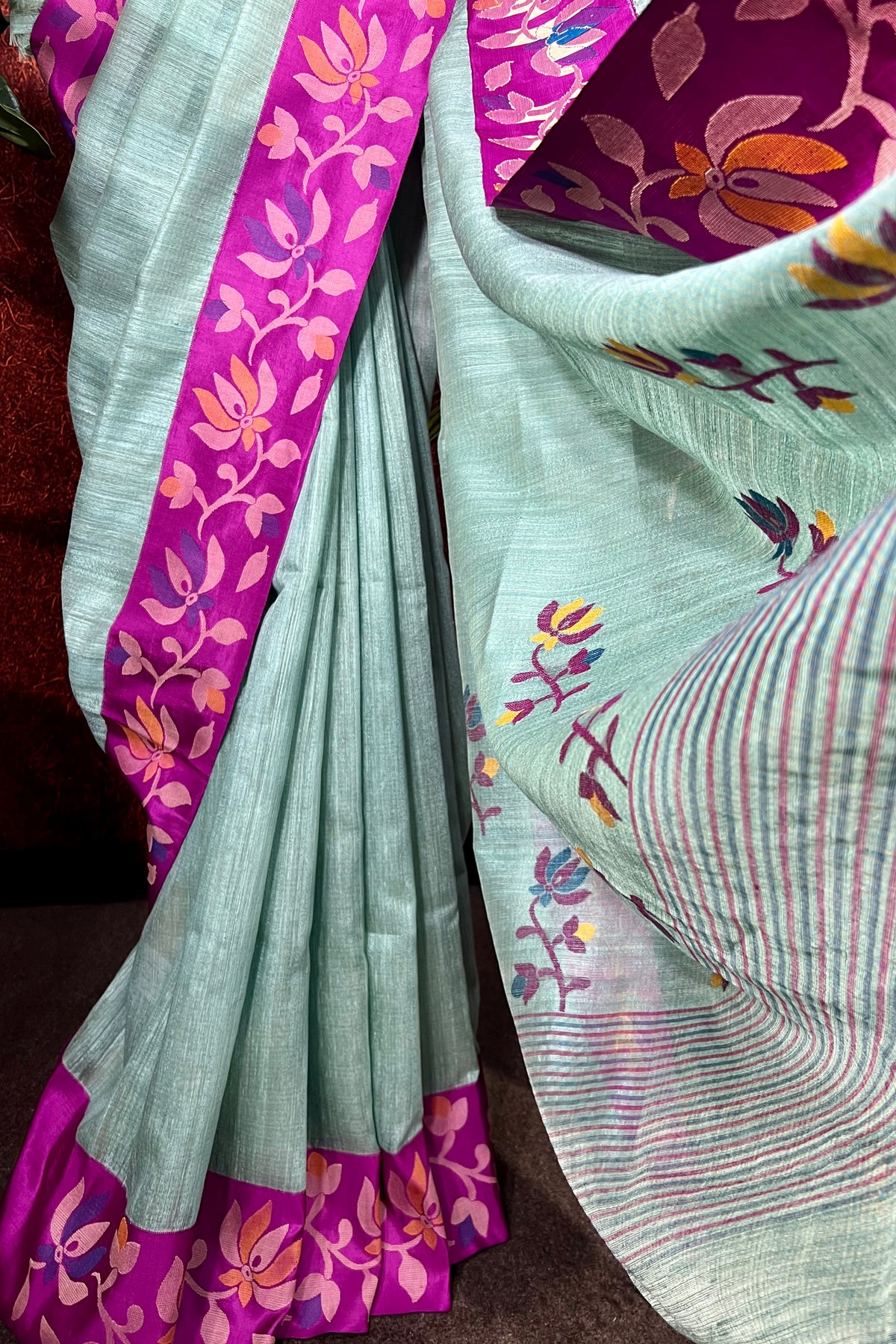 Pista Green Jute Silk Saree with Jamdani Silk Border