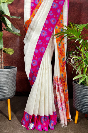 Pearl White Jute Silk Saree with  Jamdani Silk Border