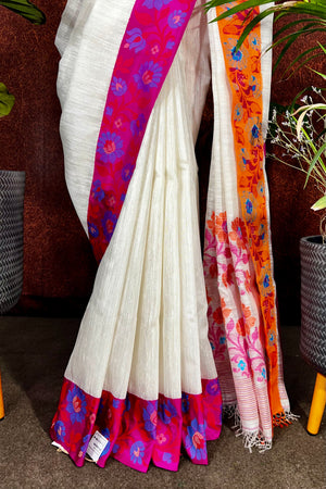 Pearl White Jute Silk Saree with  Jamdani Silk Border